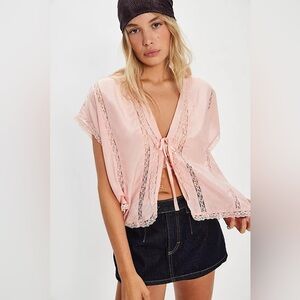 New Free People Peachy Powder Marigold Shine Lace Top Blouse Shirt sz XS